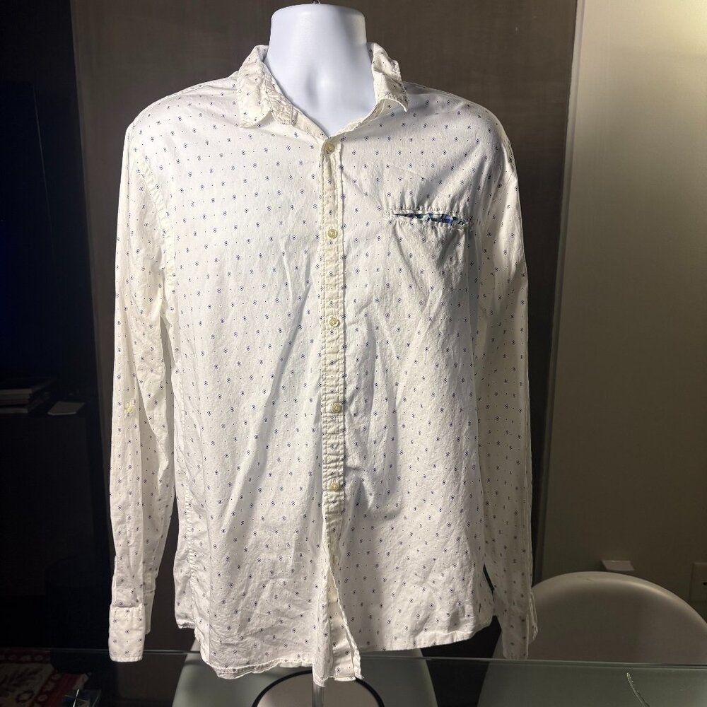 Scotch & Soda Men’s Button-Down Shirt – White with Blue Pattern, Size XL